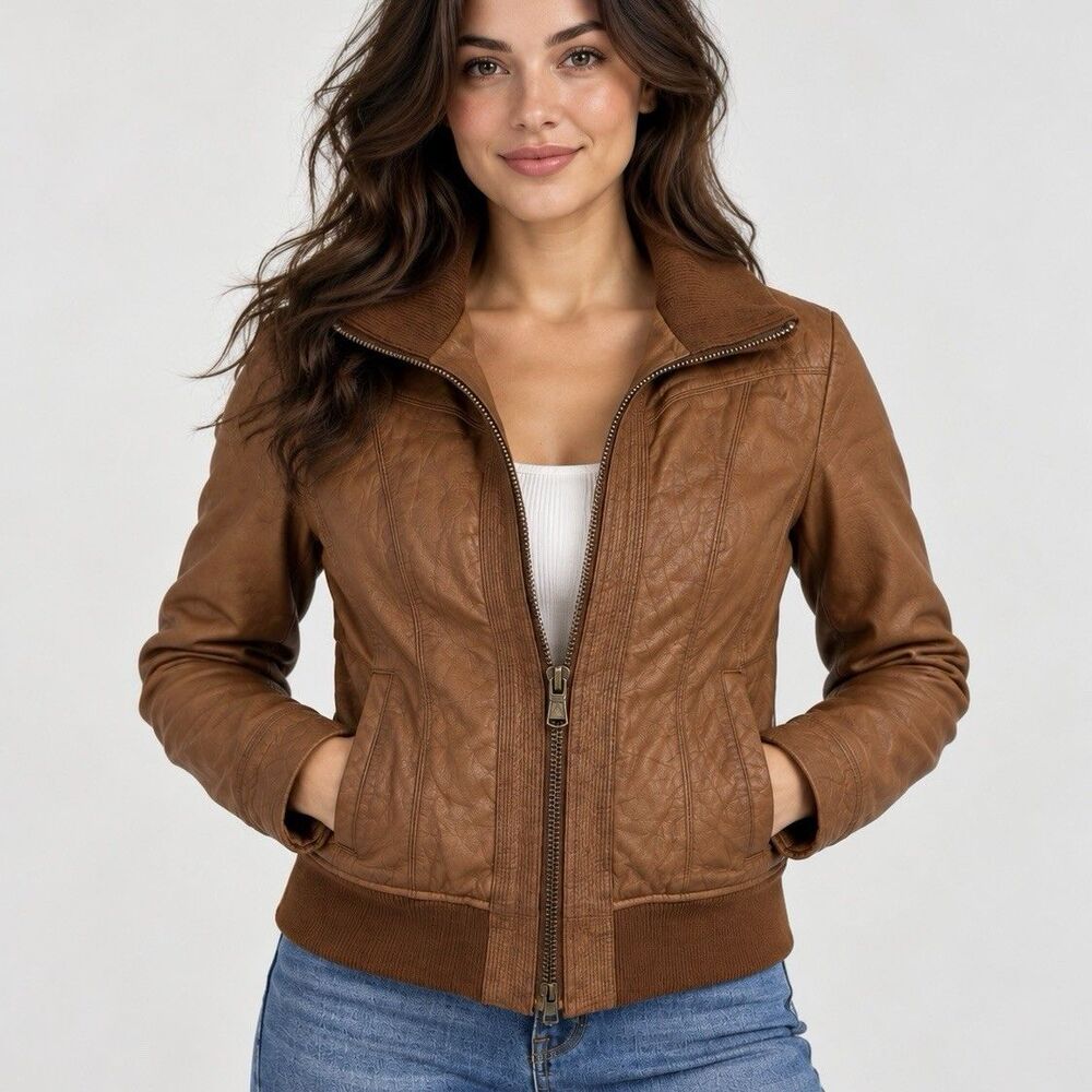 Black Rivet Womens S Genuine Leather Bomber Jacket Brown Ribbed Zip Lined